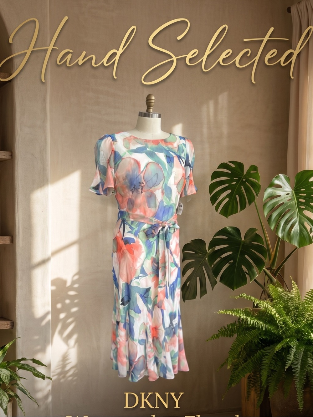 DKNY NWT Watercolor Floral Flutter Sleeve Midi Dress Cottagecore Romantic 2